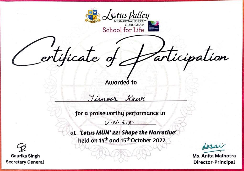 MUN award certificate
