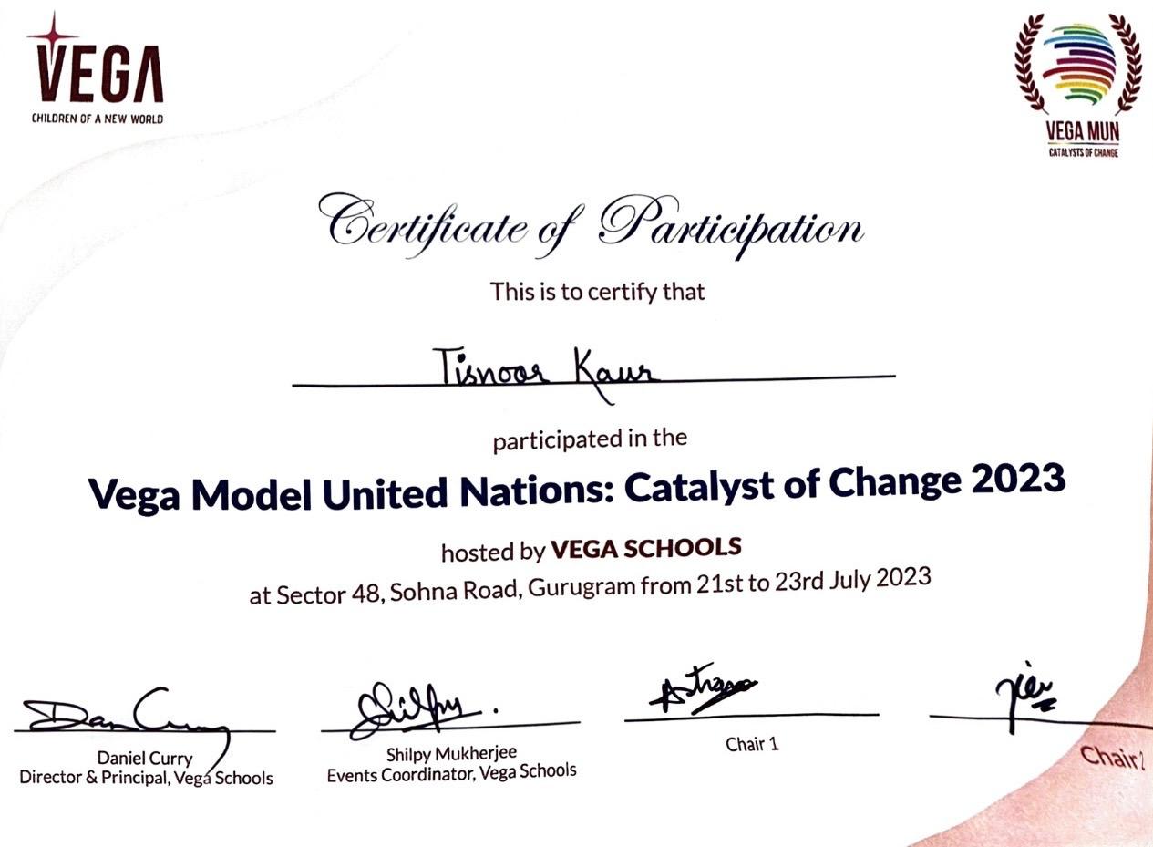MUN award certificate