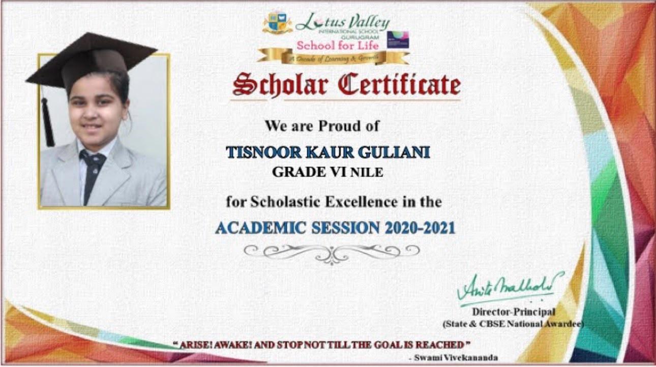 Scholar Badge Certificate, Grade VI