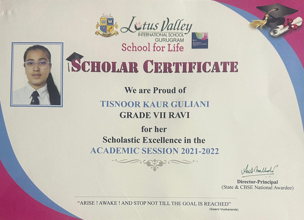 Scholar Badge Certificate, Grade VIII